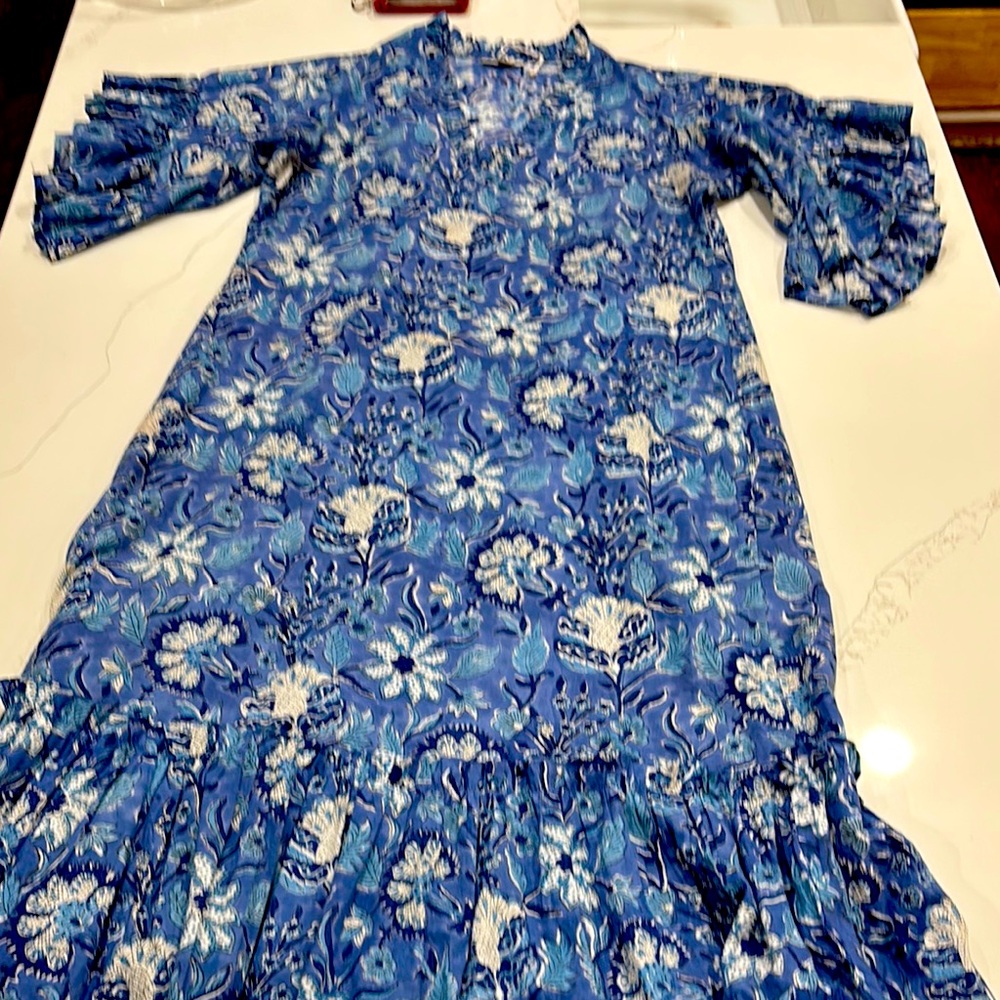 Floral Blue Maxi Dress with Ruffle Sleeves